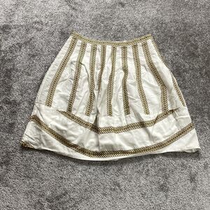 BCBGMAXAZRIA Skirt Womens 4 White A Line with Brown Embroidered Rings Silk Blend